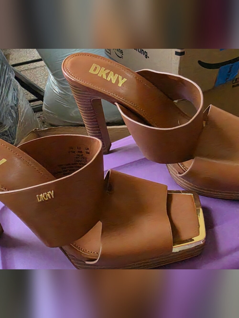 DKNY brown/cognac high-heel mule sandals.